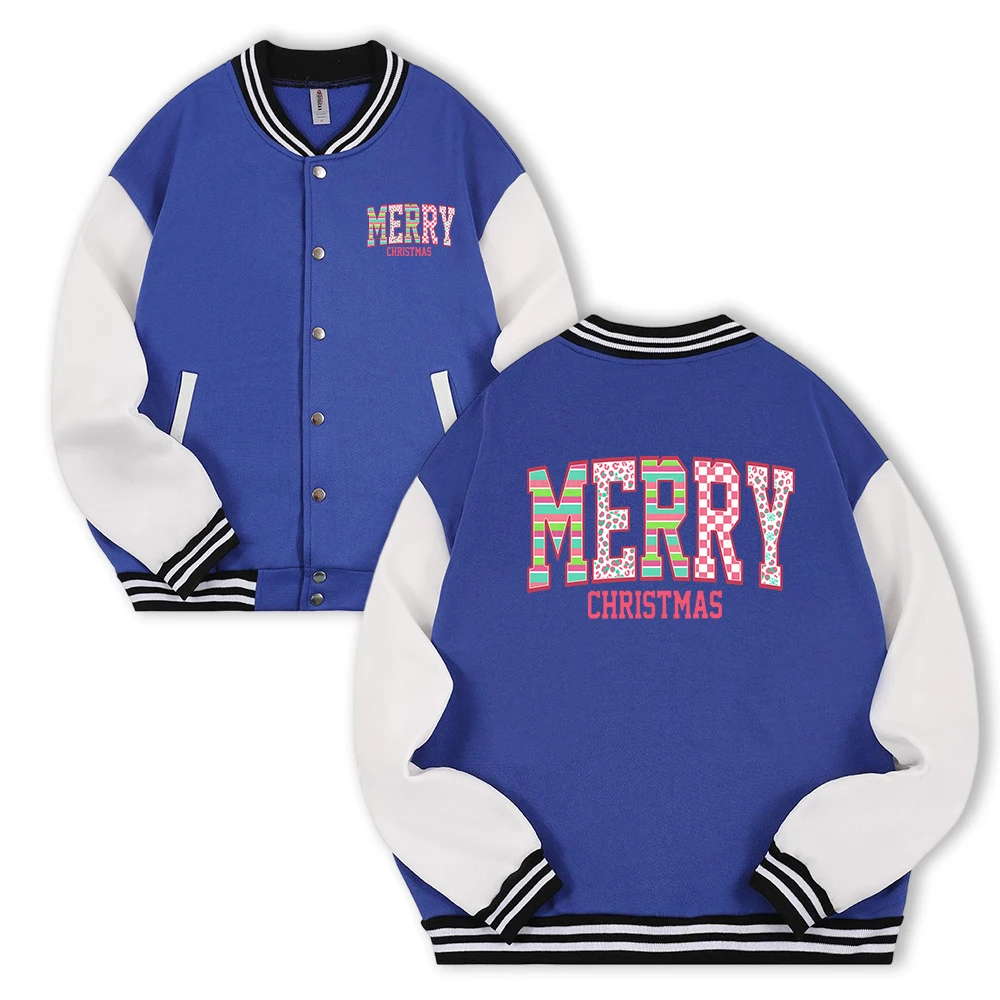 

Мужской бейсбольный трикотаж с текстовым принтом с Рождеством, флисовая уличная одежда в стиле хип-хоп, осеннее повседневное пальто на пуговицах, винтажные свободные куртки унисекс