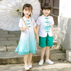 Boy And Girl Summer Chinese Style Vintage Button Hanfu Children Oriental Traditional Two Piece Suit Performance Role Play Dress