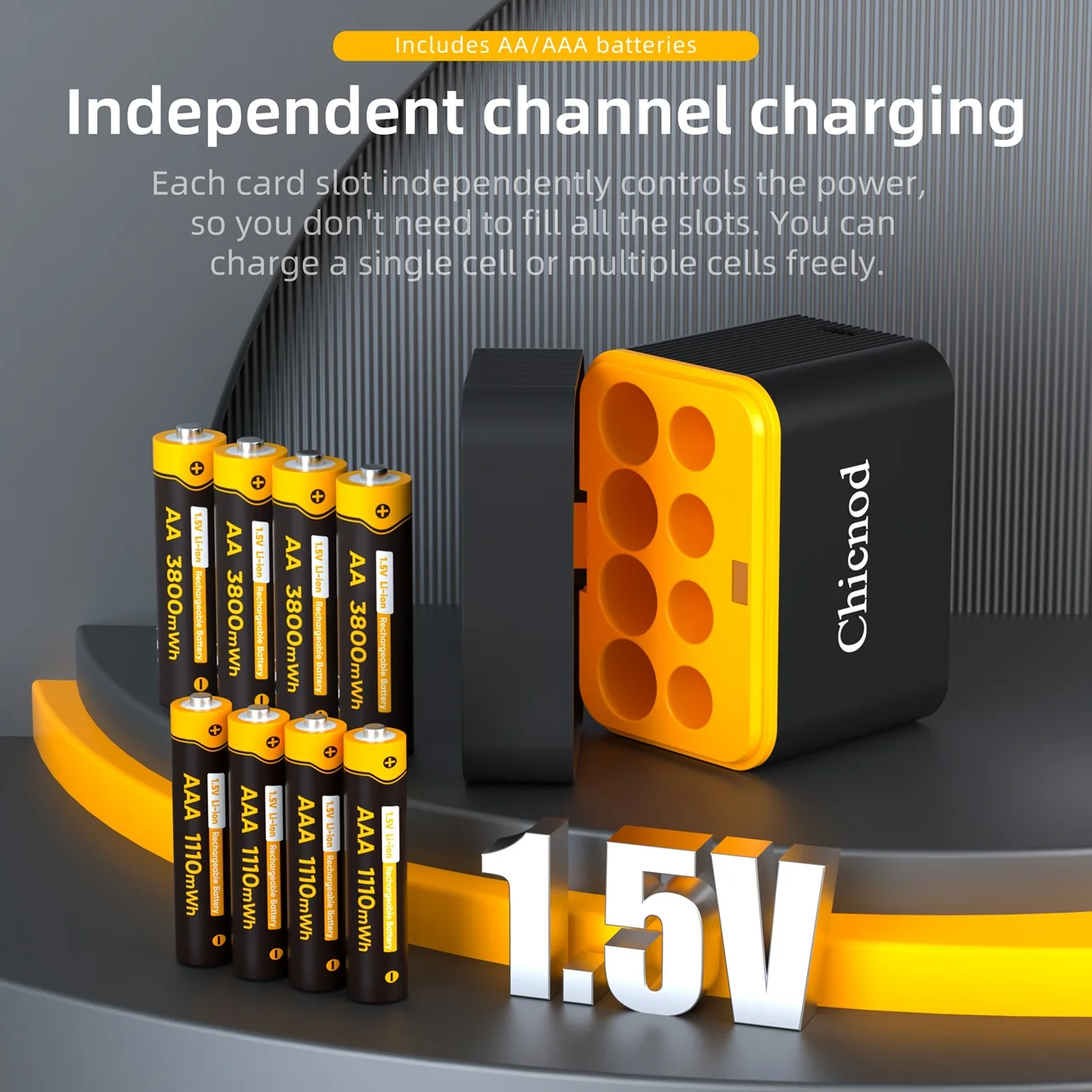 CHICNOD AA AAA Rechargeable Li-ion Batteries 1.5V 3800mWh 1110mWh USB-C Charging 8-Slot Flip Cover Smart Charger