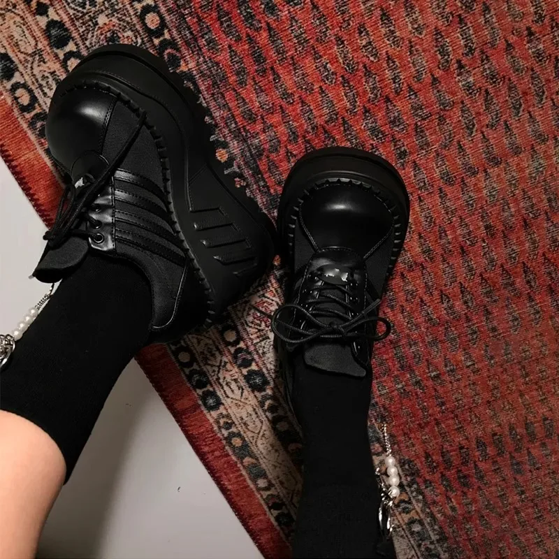 Punk Leather Wedge High Heel Lace Up Shoes for Women Super High Rise Thick Soled Shoes Dark Gothic Big Toe Shoes Lolita Shoes