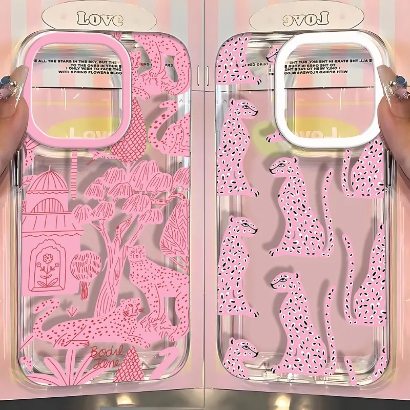 

Fashion Pink Leopard Phone Case For iPhone 16 15 14 13 12 11 Pro Max Mini X XS SE 7 8 Plus 16E Shockproof Soft Transparent Cover