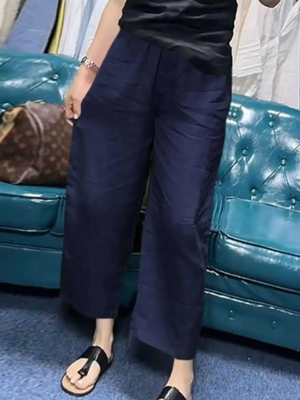 بنطلون صيفي واسع الساق بخصر مرتفع وفضفاض من القطن والكتان، بنطلون نسائي بطول ثلاثة أرباع من الحرير الصناعي والقطن والكتان بتص...