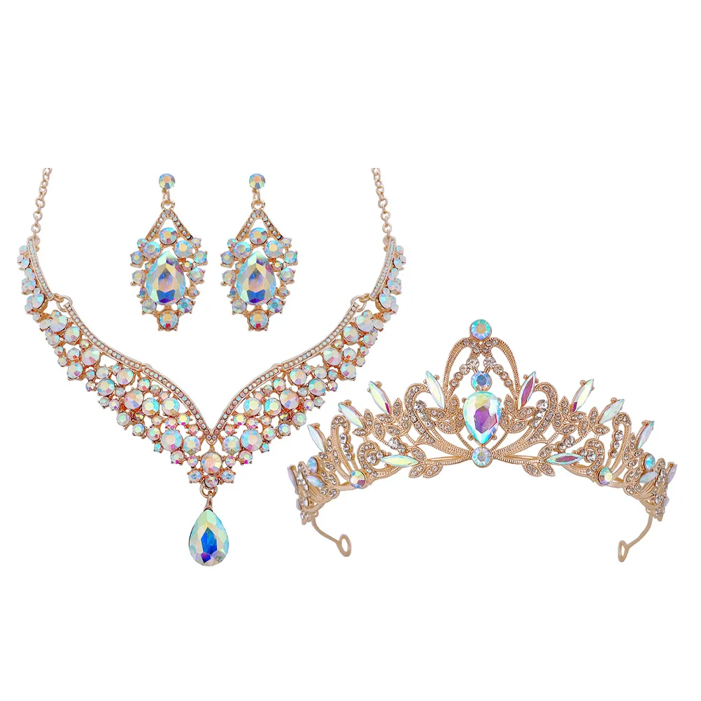 

1Set Iridescent Bridal Jewelry Set Rhinestone Crown Necklace and Earrings for Bride Wedding Day Tiara Women's Elegant Party Prom