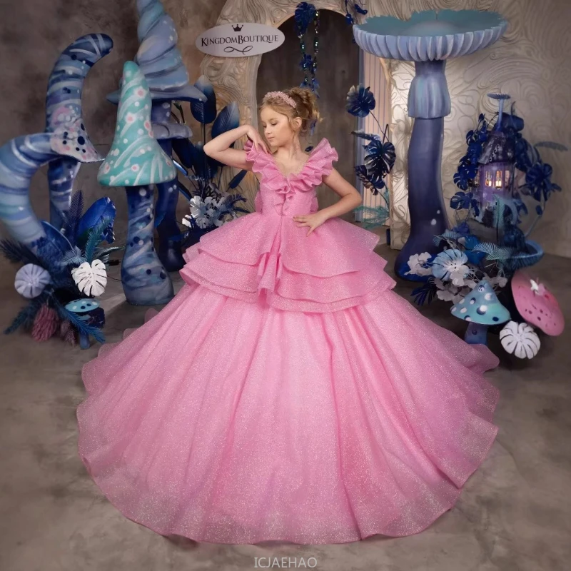 Pink Sleeveless Princess Flower Girl Dress Long Train Wedding Gown Kids Birthday Party Piano Pageant Ball Gown European Style
