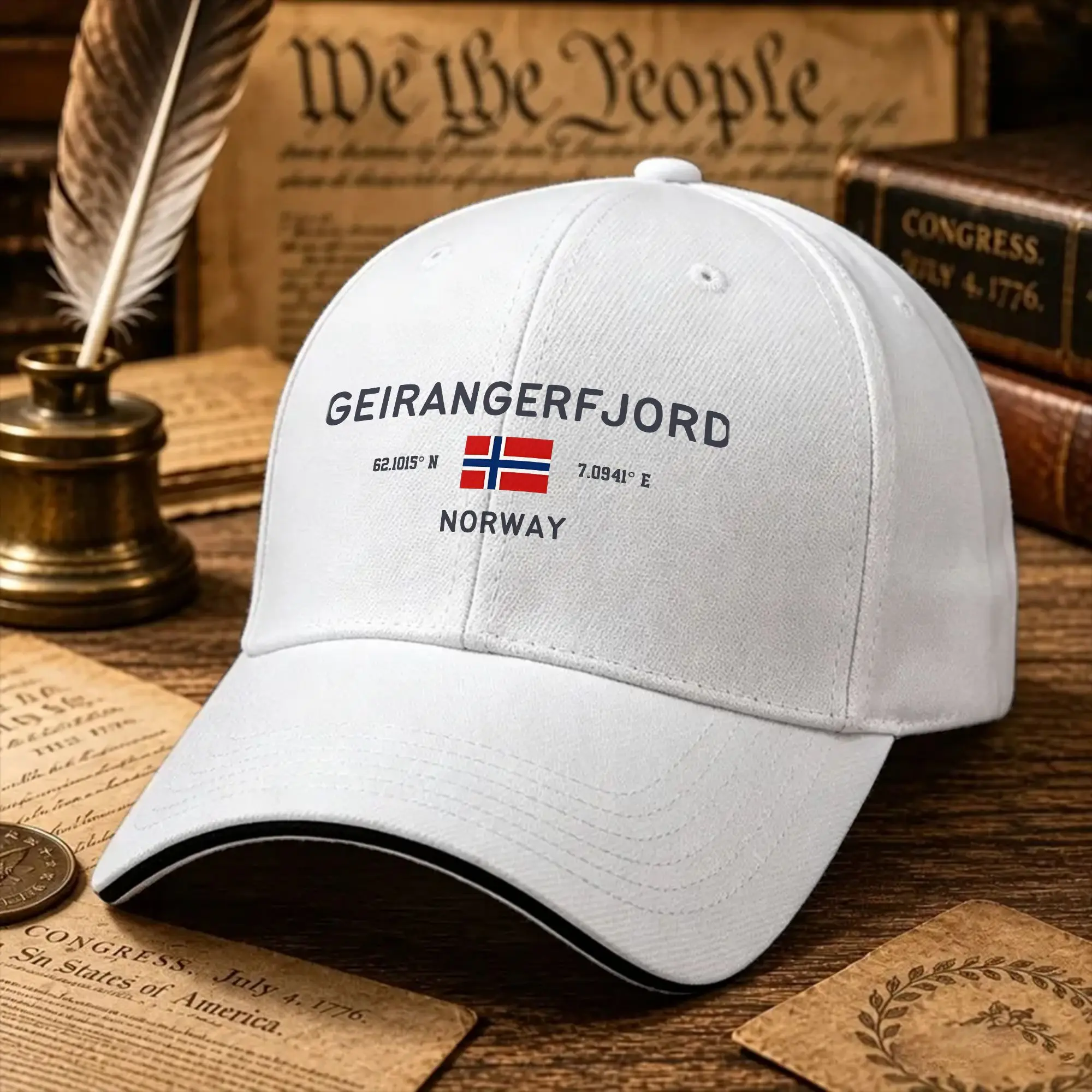 Geirangerfjord Norway  Coordinates & Flag Travel Baseball Cap  Tennis Skate Trucker Hat Summer Female Male Stylish Snapback Cap