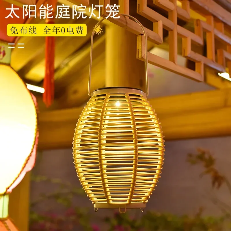 Solar Rattan-Weaved Ceiling Lamp Outdoor Courtyard Garden Lawn Lamp Handmade Imitation Bamboo Hanging Lamp Atmosphere Landscape