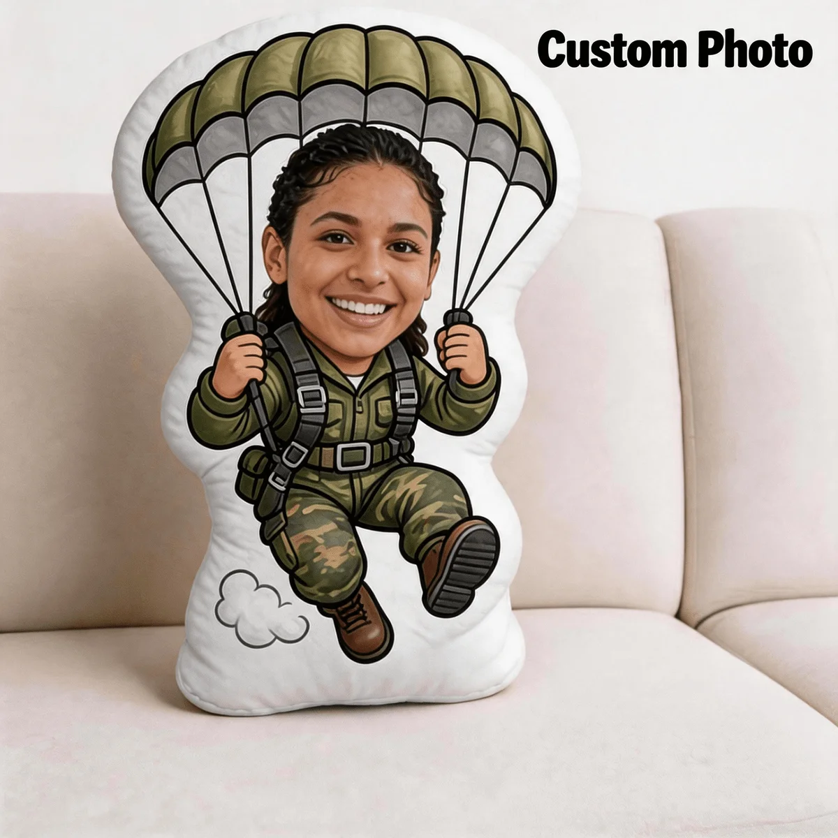 Custom Personalized Photo Face Pillow, Parachute Soldier Character Custom Shaped Decorative Cushion with Double-Sided Printing,