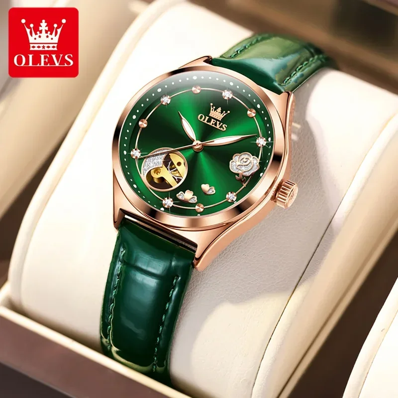 Olevs 6601 automatic mechanical watch women Dial Leather strap waterproof luminous women's wristwatches set Rel