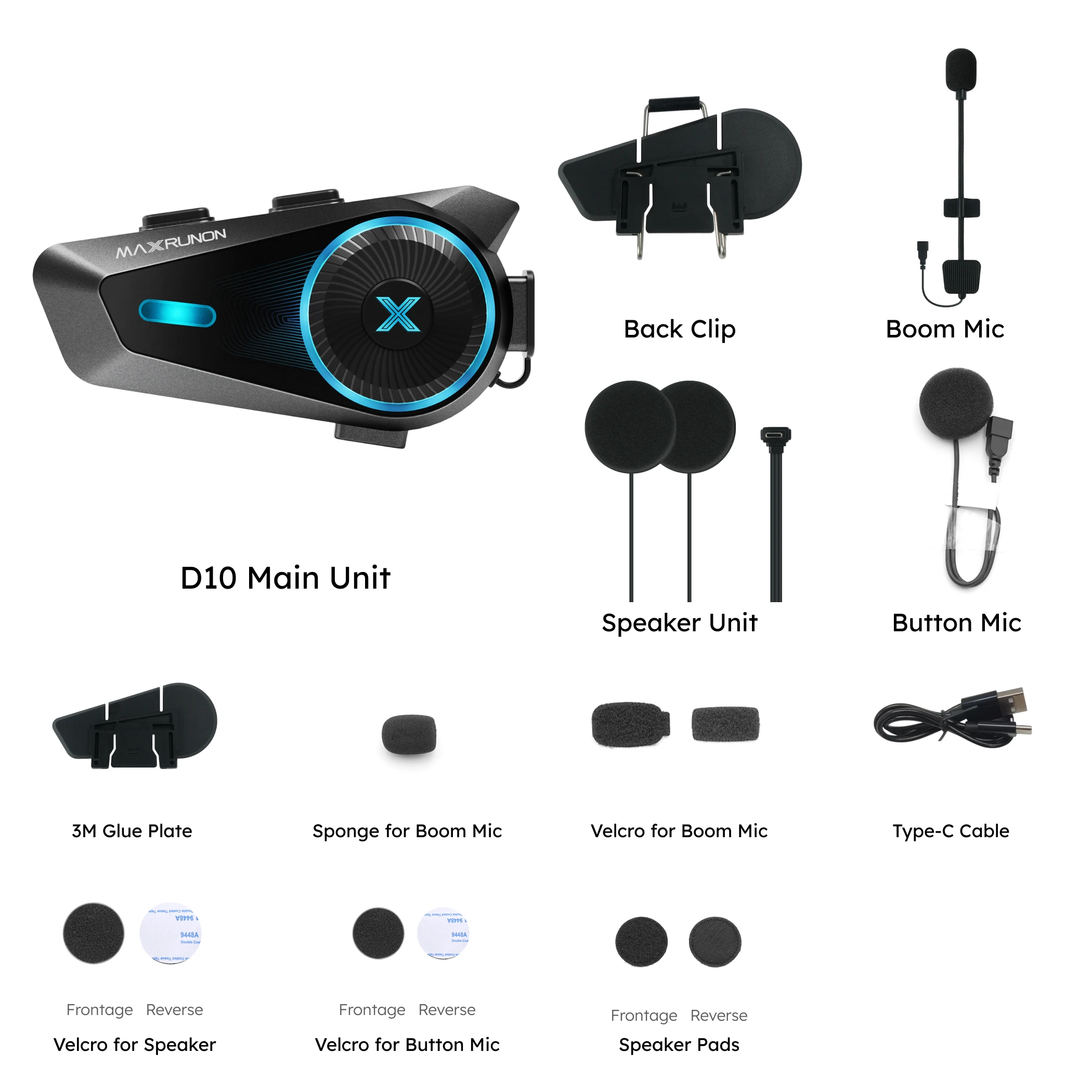 MAXRUNON D10 Motorfiets Intercom voor 4 Rijders Helm Headset Moto Groepsintercom App, AI Spraakbesturing, ENC, IPX7, FM, BT5.4
