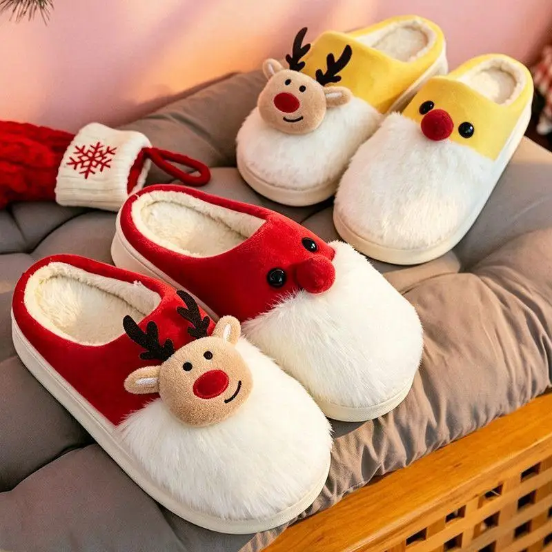 Niedliche Elch-Plüsch-Hausschuhe für Paare, warme Weihnachts-Hausschuhe für drinnen, Wintertrend 2026, bequeme dicke Sohle, Baumwollschuhe für Damen – Detail 9