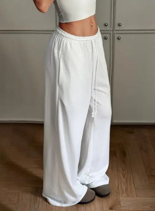 Pantalon de sport et de loisirs à jambes larges pour femmes, couleur unie, taille haute, sangle cintrée avec poche, été