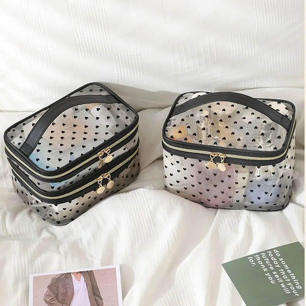 Double/Single Layer Mesh Love Makeup Bag Black Heart Printed Zipper Cosmetics Organizer Transparent Convenient To Carry