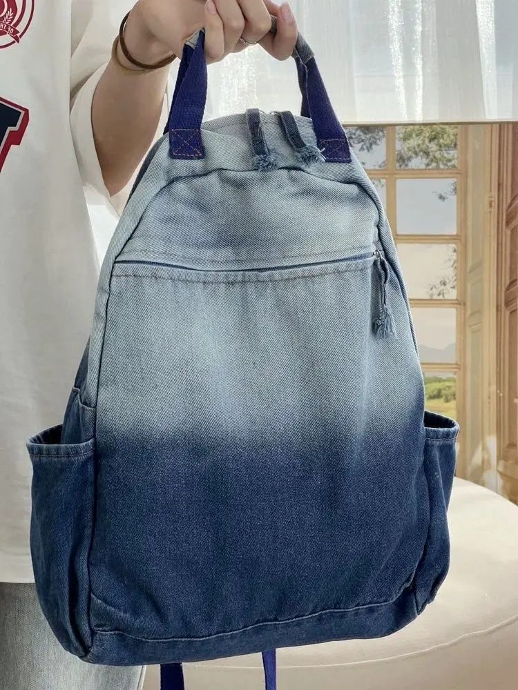 Miyagawa New Niche Korean Version Gradient Washed Denim Backpack Wszechstronne, przenośne plecaki studenckie na co dzień