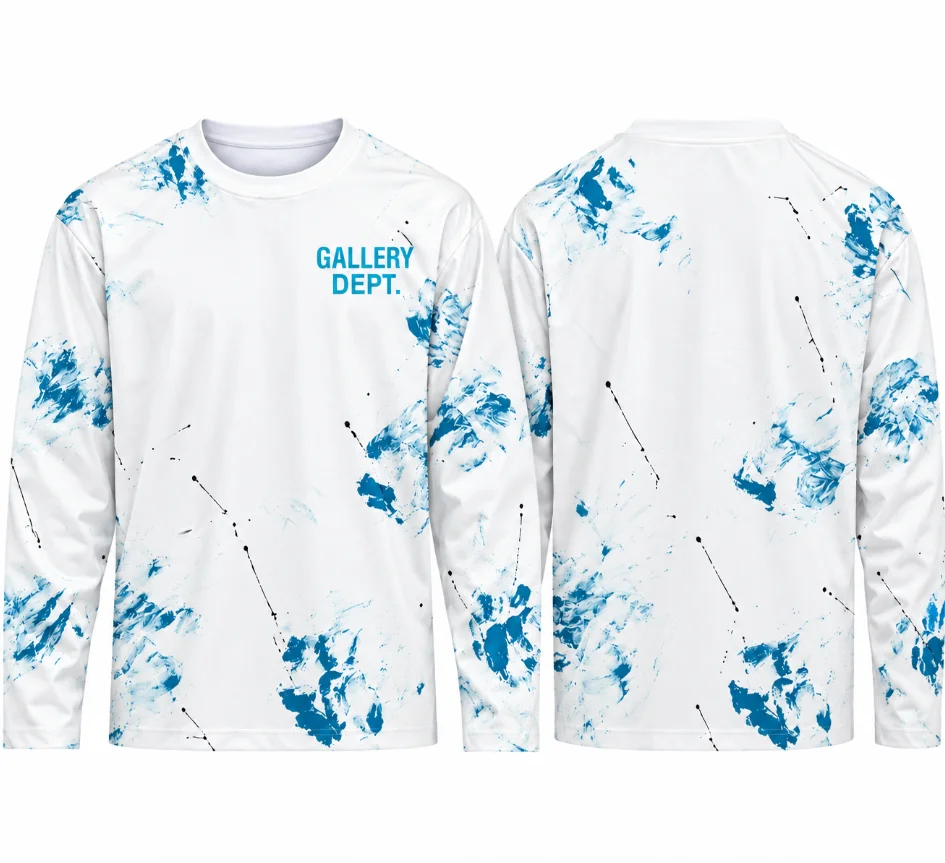 Blue Ink Splatter 3D Full Print Long Sleeve T-shirt Unisex Crew Neck Top, Abstract Art Graffiti Streetwear Shirt For Men Women
