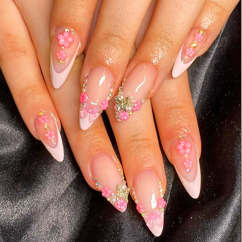 24 Stücke Retro Blume Lange Sarg Französisch Künstliche Nägel Kaviar Perle Floral Gold Hohl Design Drücken Sie Auf Nagelspitzen Y2k Acryl Falsche Nagel