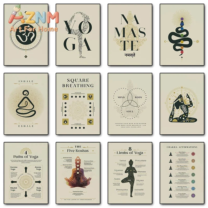 Spirituality Yogas Chakra Mantras Mudras Posters and Prints Canvas Printing Yama Niyama Wall Art Picture for Yoga Studio Decor