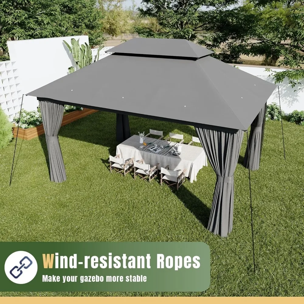 10x13 Outdoor Gazebo, Metal Frame Canopy with Double Roofs, Heavy Duty Tent and Shelter with Mosquito Netting and Privacy Screen