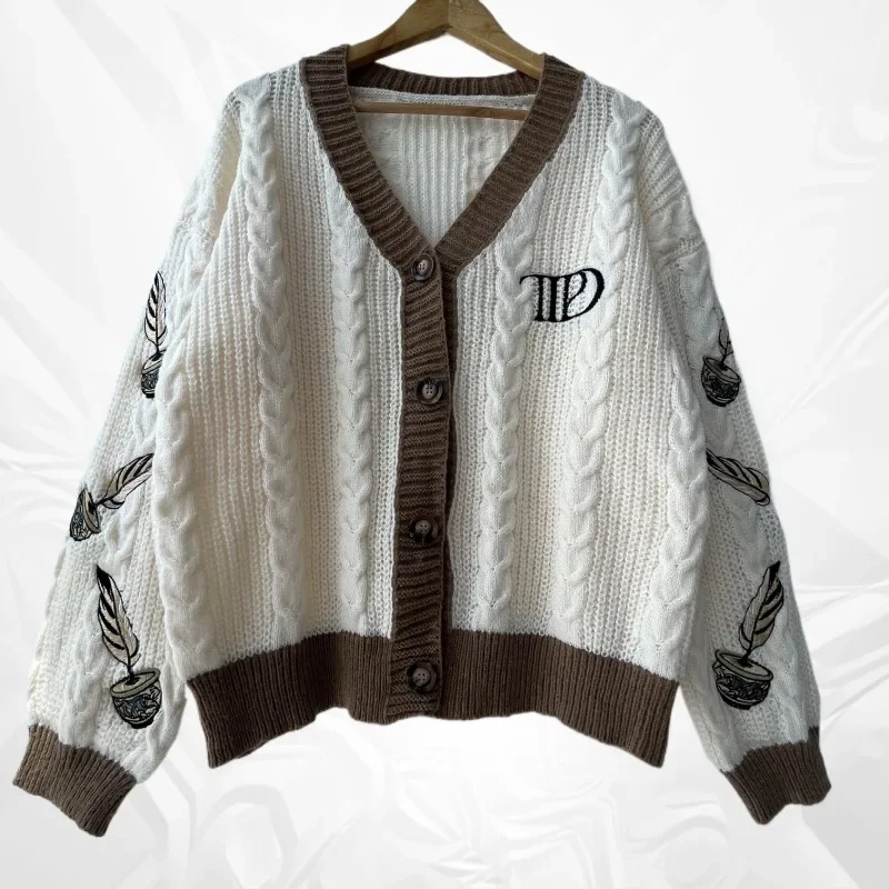 2024 Autumn Women Trend High Quality Loose Fitting Floral Embroidered Knitted Cardigan Y2k Regulai Fit Beige Cardigans Female