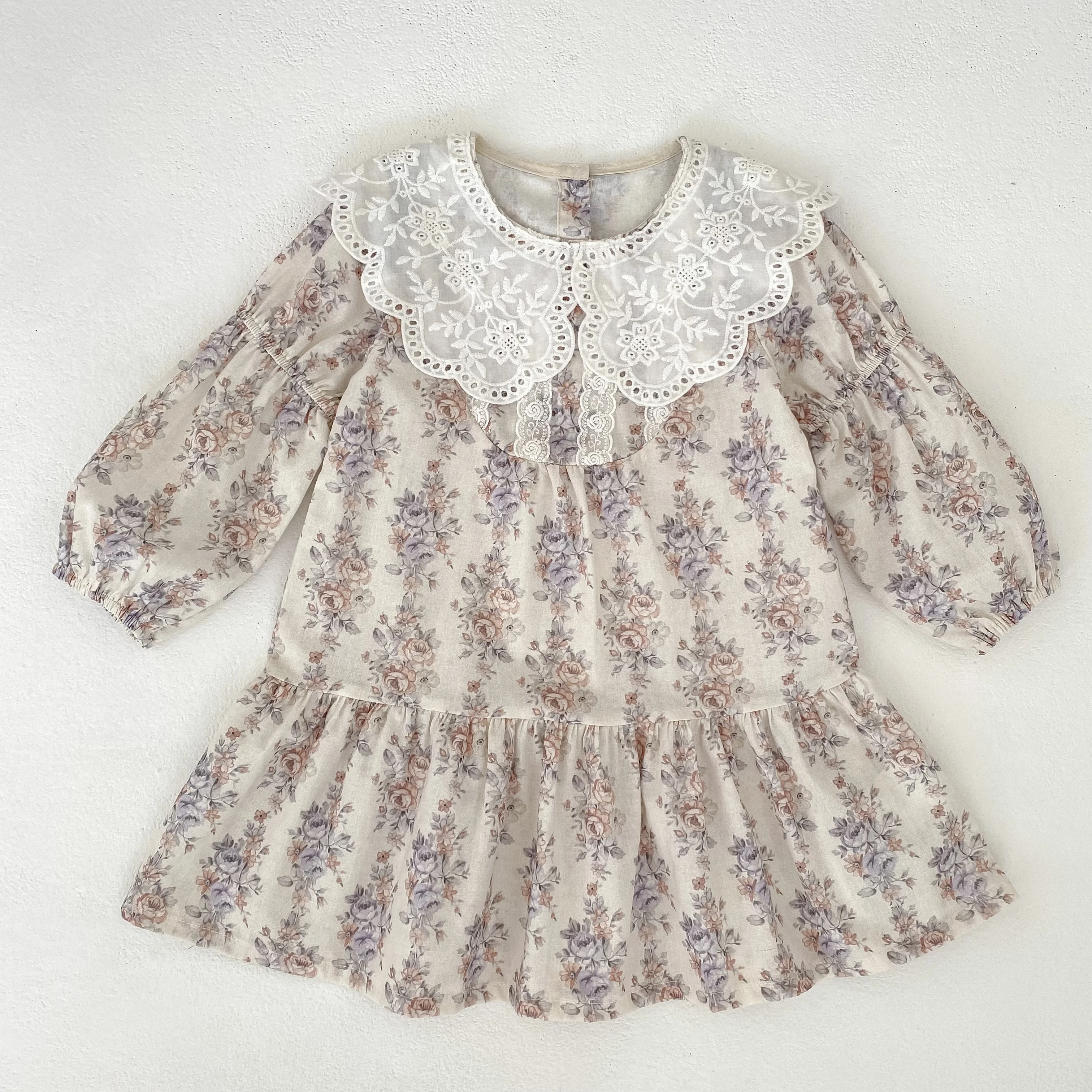 Herbst Blume Französisch Kontrast Revers Stil Mädchen Kleid Frühling Baby Kinder Lange Ärmeln Reine Baumwolle Spitze Süße Prinzessin Kleid – Detail 2