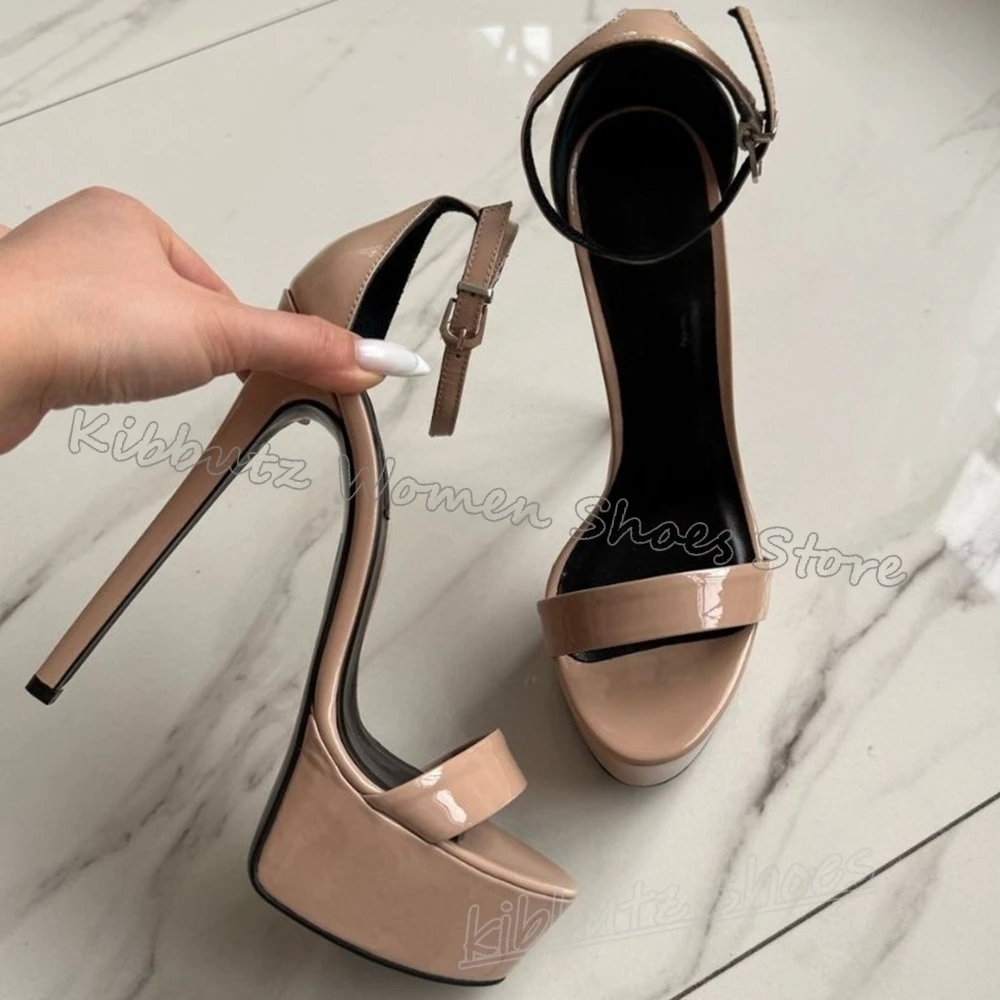 

Sandals Platform Buckle Strap Leather Solid Color Fashion Luxury Elegant Concise Sexy Women Shoes New Round Toe Thin High Heels