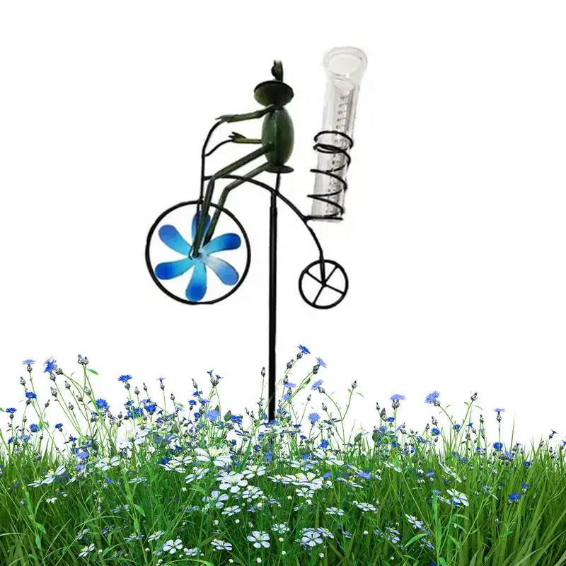 Animal Rain Gauge Outdoor Frogs On Cycle Wind Spinner Rain Gauge Metal Art Water Gauge To Measure Rainfall For Yards Lawns