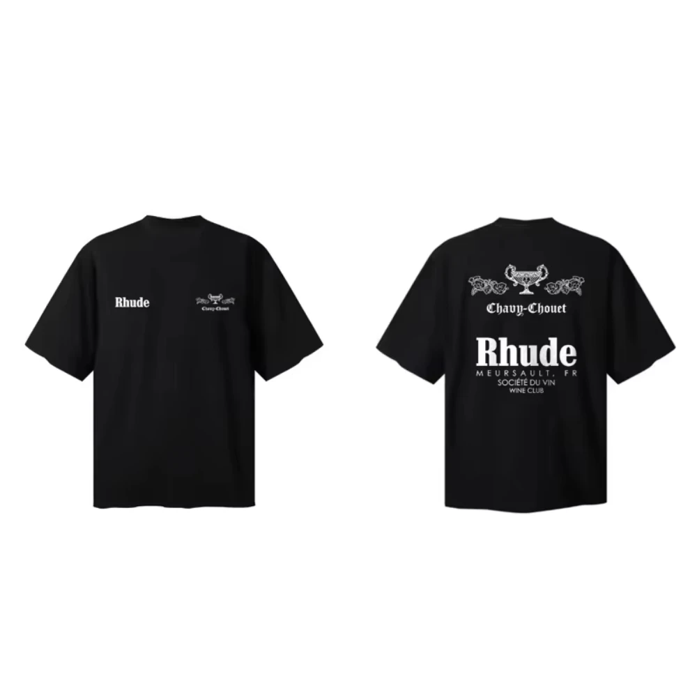 2026 Rhude Unisex Vintage Wine Label Graphic T-shirt Oversized Short Sleeve Tee Retro Print Loose Summer Cotton Trendy Top