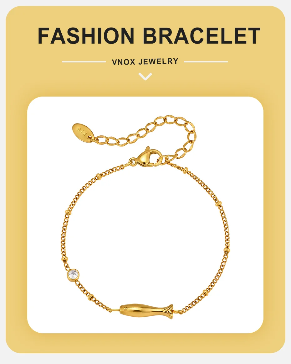 Vnox Minimalistisches AAA Zirkon Armband für Frauen Vergoldeter Edelstahl Fisch-Charm Gliederkettenarmband Sommer Täglicher Schmuck – Detail 1