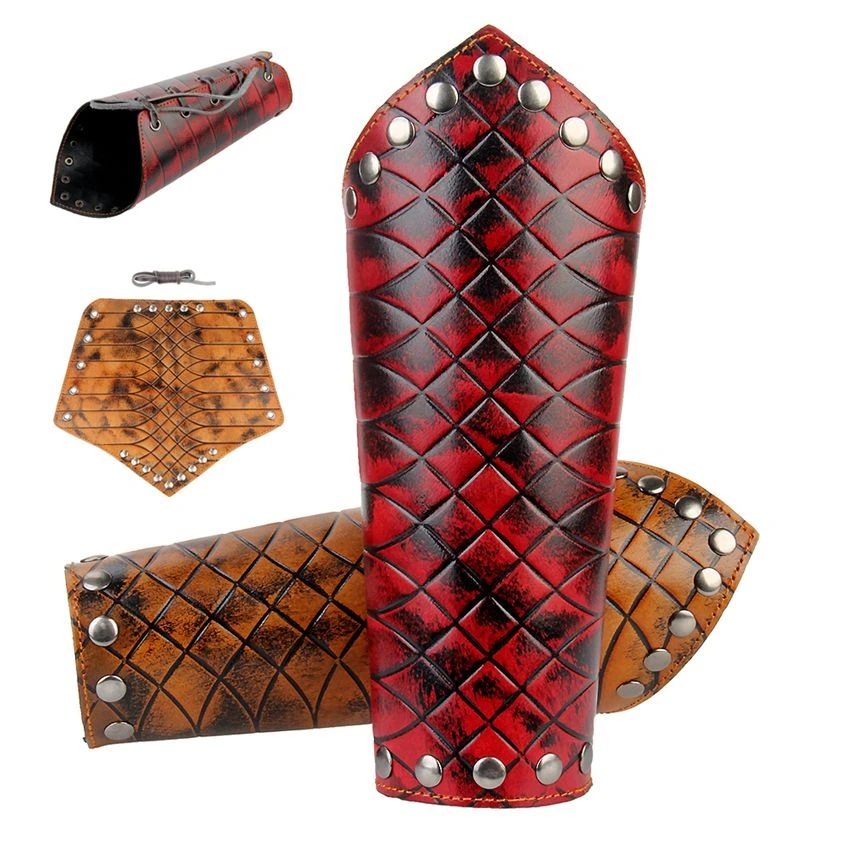 1pcs Genuine Cow Leather Bracer Punk Square Grid Embossing Retro Wrist Guard Medieval Cuff glove