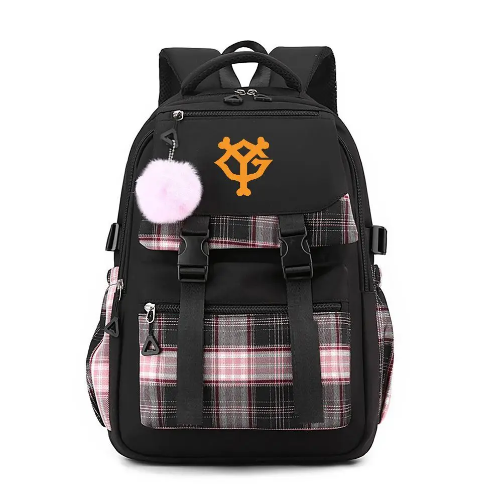 Pink Plaid Print Backpack with Pompom Charm, Anime Style School Bag for Girls, Casual Travel Rucksack with Adjustable Straps