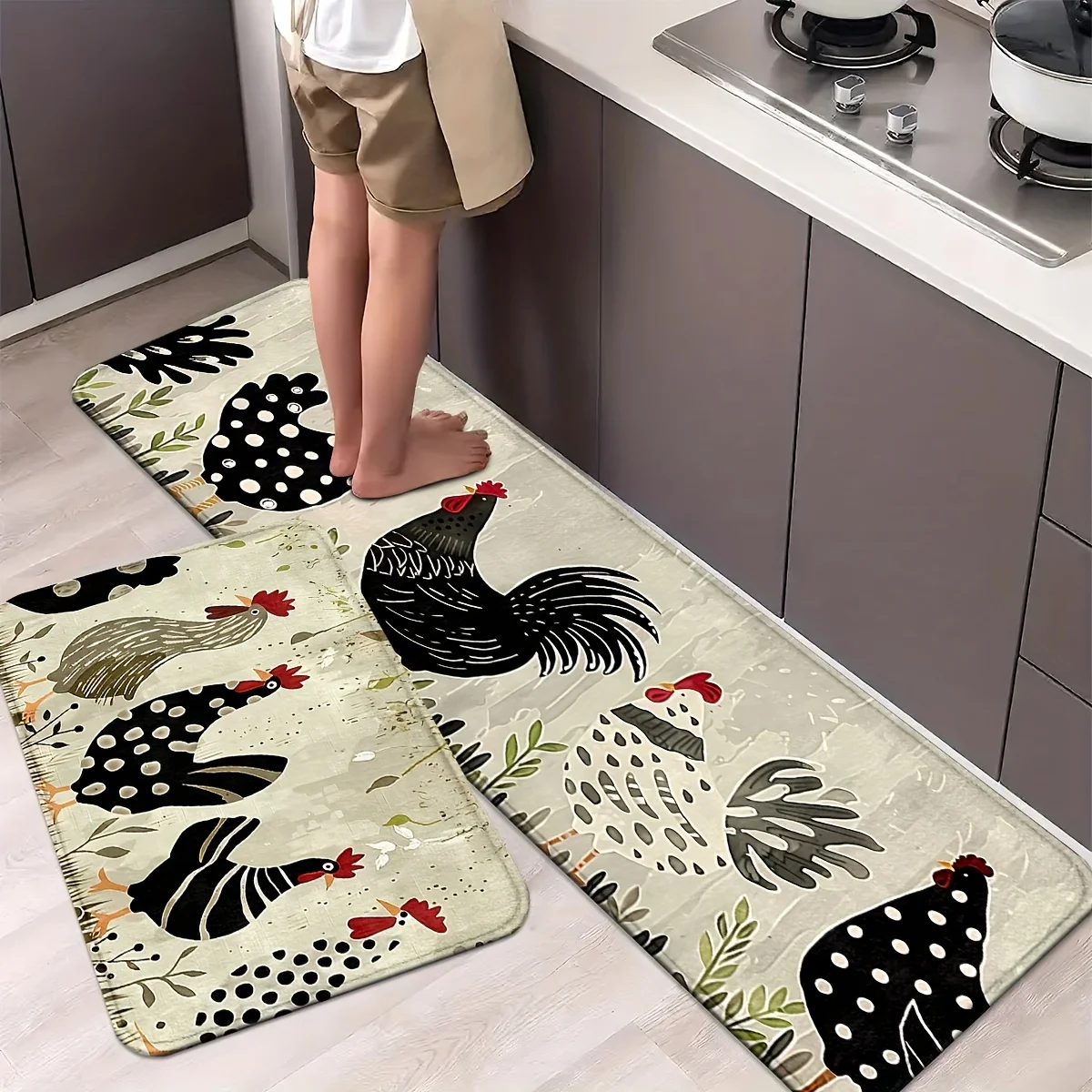 VIKAMA 2PC Country Cute Polka Dot Hen Kitchen Mat Set Non Slip Oil Proof Runner Rug Warm Kids Room Dining Room Decor