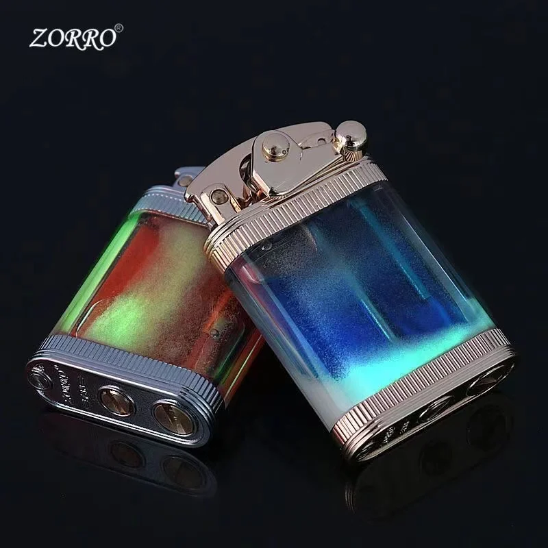 ZORRO Metal Vintage Grinding Wheel Lighter Luminous quicksand Rocker Kerosene Lighter Transparent Fuel Tank Creative Gift