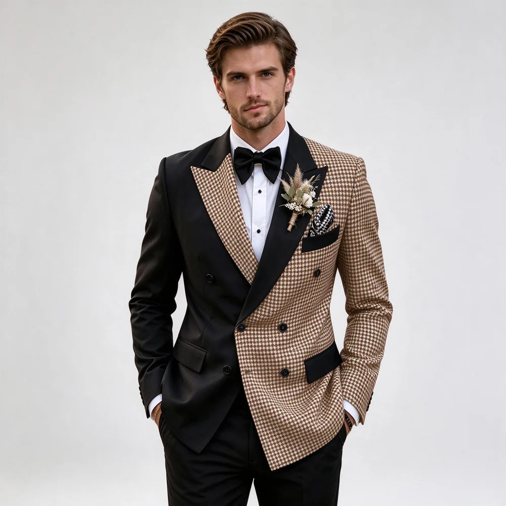 Men's Asymmetric Patchwork Houndstooth Blazer Double Breasted Dinner Party Stage Performance Fashion Outfits Tailored Jackets