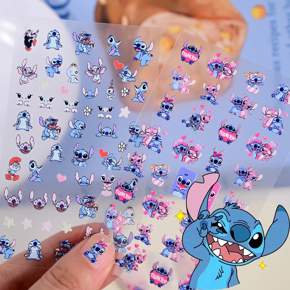 1pcs Pink Blue Cartoon Stitch Nail Stickers Anime Stitch&Angel Self Adhesive Kawaii Boys Nail Decals Sliders Manicure Decoration