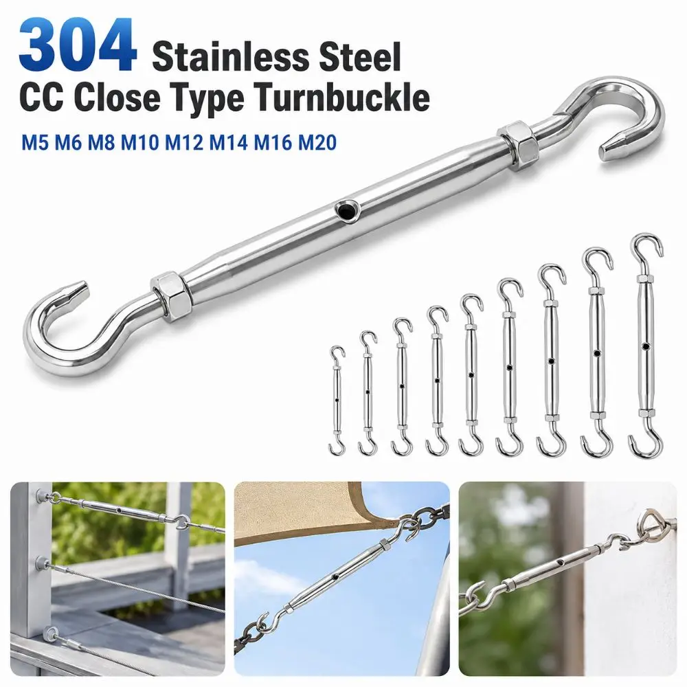 304 Stainless Steel CC Close Type Turnbuckle M5 M6 M8 M10 M12 M14 M16 M20 Adjustable Wire Rope Tensioner Rust Proof Sturdy