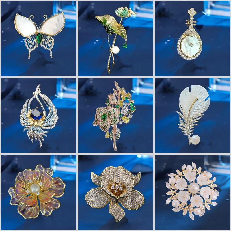 2024 Elegant Lotus Leaf Enamel Brooches for Women Flower Animal Luxury Design Cubic Zirconia Corsage Clothing Accessories Pins