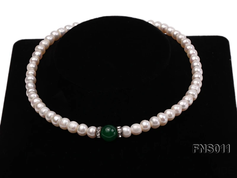 Terisa Pearl Jewelry 8-9mm Natural White flat Freswhater Pearl with Natural Jade Necklace for Women T-FNS011