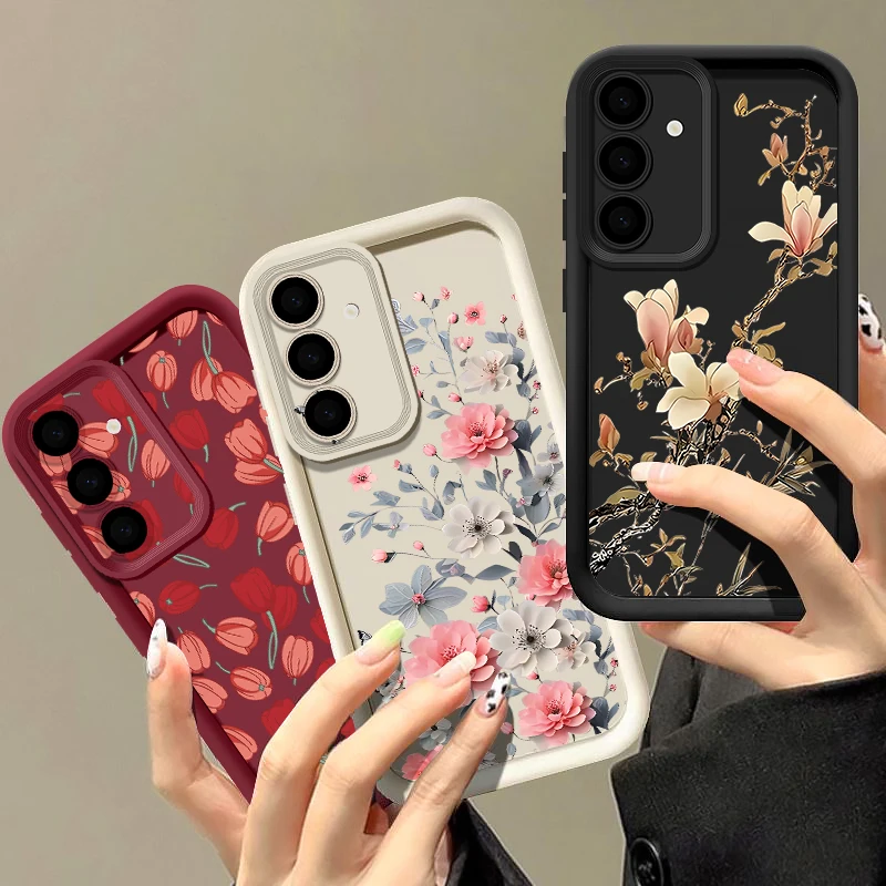 Soft Silicone Phone Case For Samsung Galaxy S26 S25 S24 S23 Ultra S25 S24 FE A57 A56 A37 A17 A55 A27 A36 A35 Pink Flowers Cover