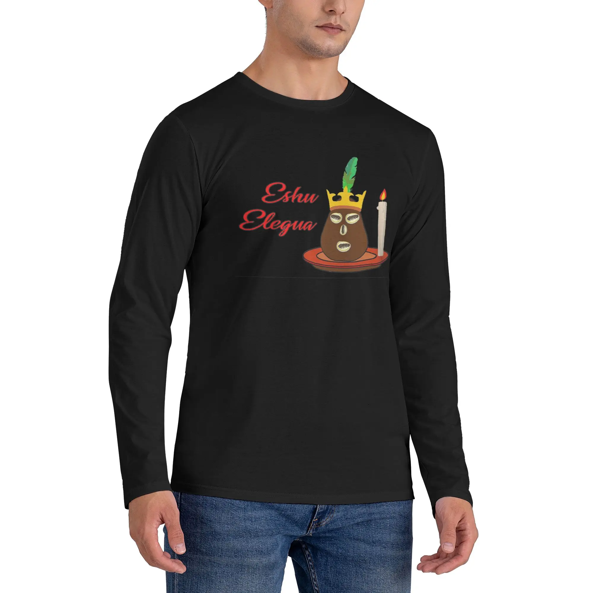 

Eshu Eleggua Мужская футболка с длинными рукавами Модные футболки с круглым вырезом Весенние и осенние мужские топы