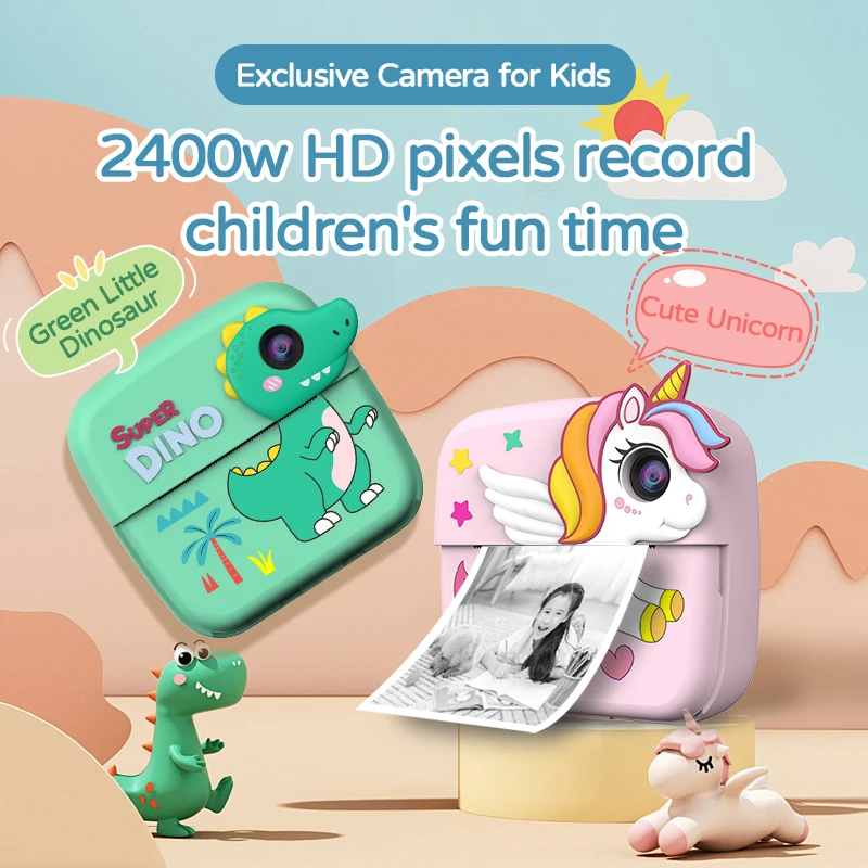 Crianças foto câmera impressora com jogo bonito rosa mini vídeo digital criança câmera de impressão instantânea crianças meninas meninos presente aniversário