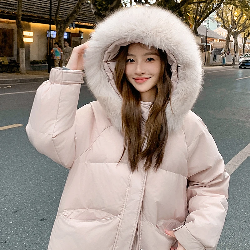 

Down Cotton Parkas Jacket Women's Long Bread Coat Big Fur Collar 2024 New Korean Version Loose Casual Thickened Padded