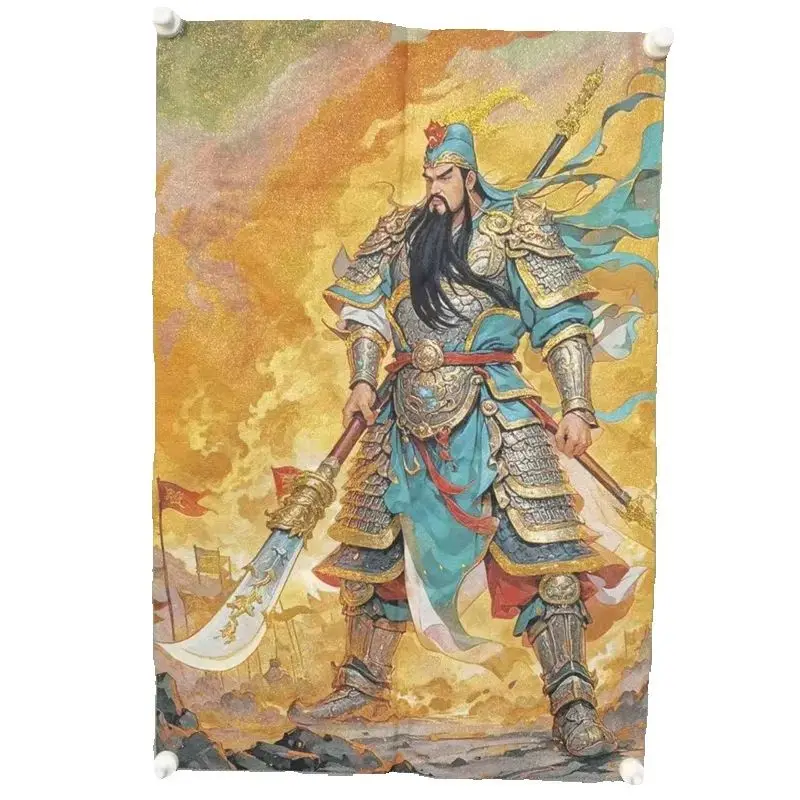 Chinese Antique Silk Brocade Tangka Painting - Embroidery of Da Dao Guan Gong Statue Wall Art