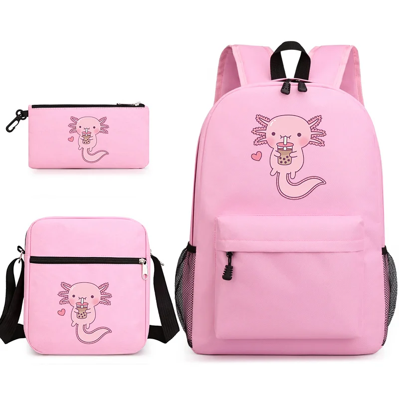 Cute Axolotl Patterned 3-Piece Backpack Teen Cartoon Axolotl Backpack Shoulder Bag Pencil Bag School School Bag Cute Backpacks