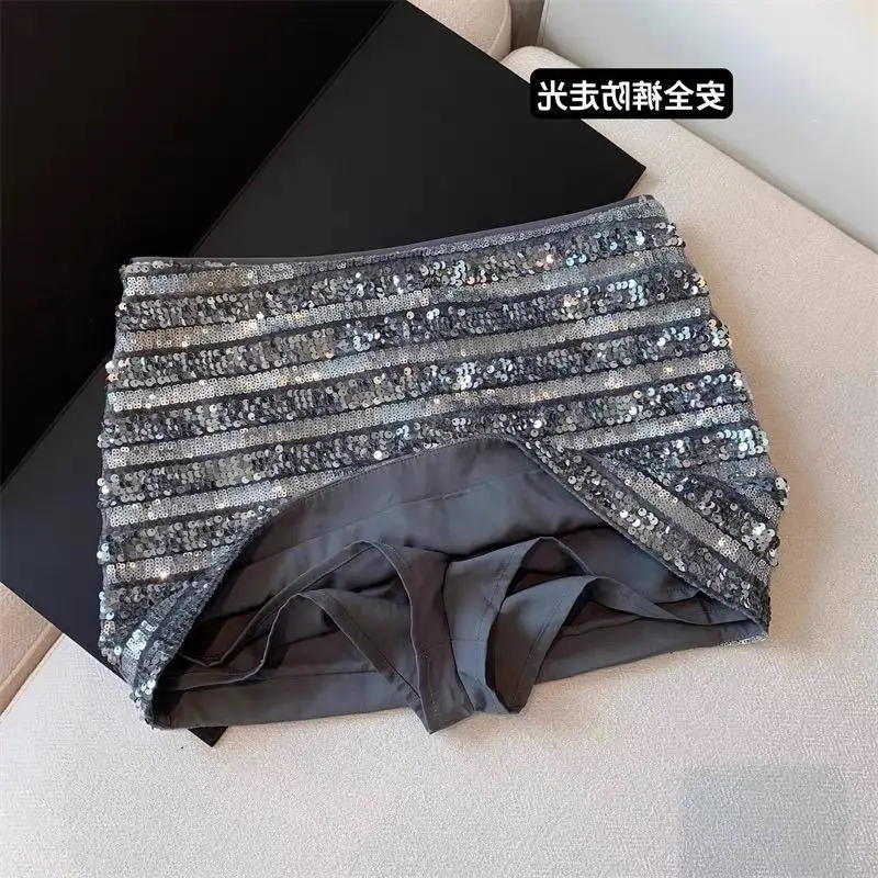 High Waist Glitter Half Skirt Women's Spring 2025 New Style Korean Version Slimming A-Line Short Skirt Striped Bounce Skirt