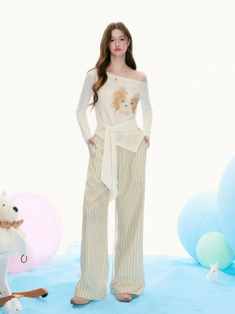 

Укороченный топ с открытыми плечами и принтом из чистого мультфильма, женский весенний укороченный топ с поясом для девочек, тонкая футболка Y2k, уличные футболки с длинными рукавами