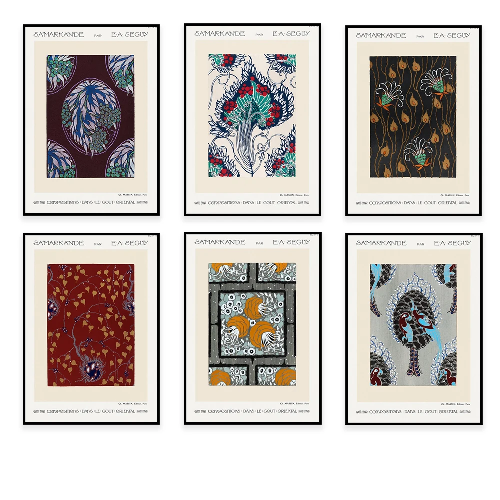 

Pochoir 1914 edition of Samarkand Art Nouveau pattern, French artist Émile-Alain Séguy (E.A. Séguy), oriental style color poster
