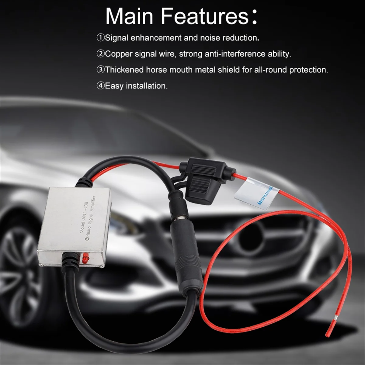 เครื่องขยายสัญญาณ FM ป้องกันการรบกวนโลหะเสาอากาศรถยนต์วิทยุ Universal Auto FM Booster Amp อะไหล่รถยนต์