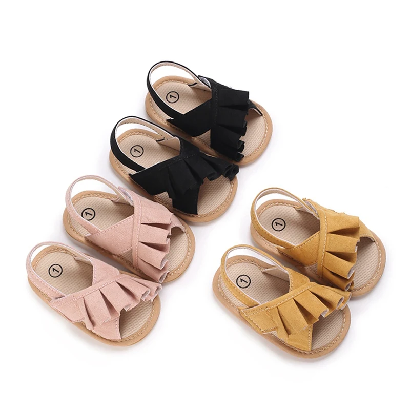 Fashion Baby Sandals Solid Color Prewalker Soft Sole With Ruffled Non-slip Toddler Walking Flat Shoes Baby Girls Shoes 0-18M