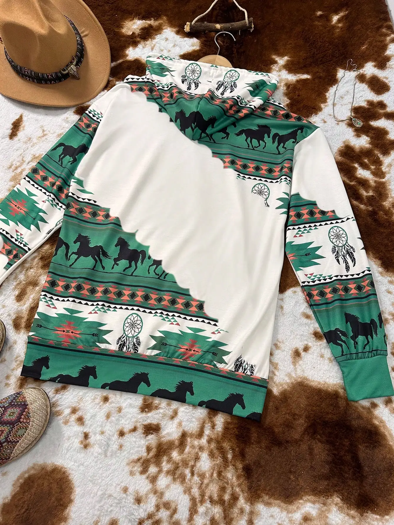 Sweat à capuche imprimé ethnique occidental pour femmes, sweat-shirt décontracté rétro imprimé, vêtements pour femmes