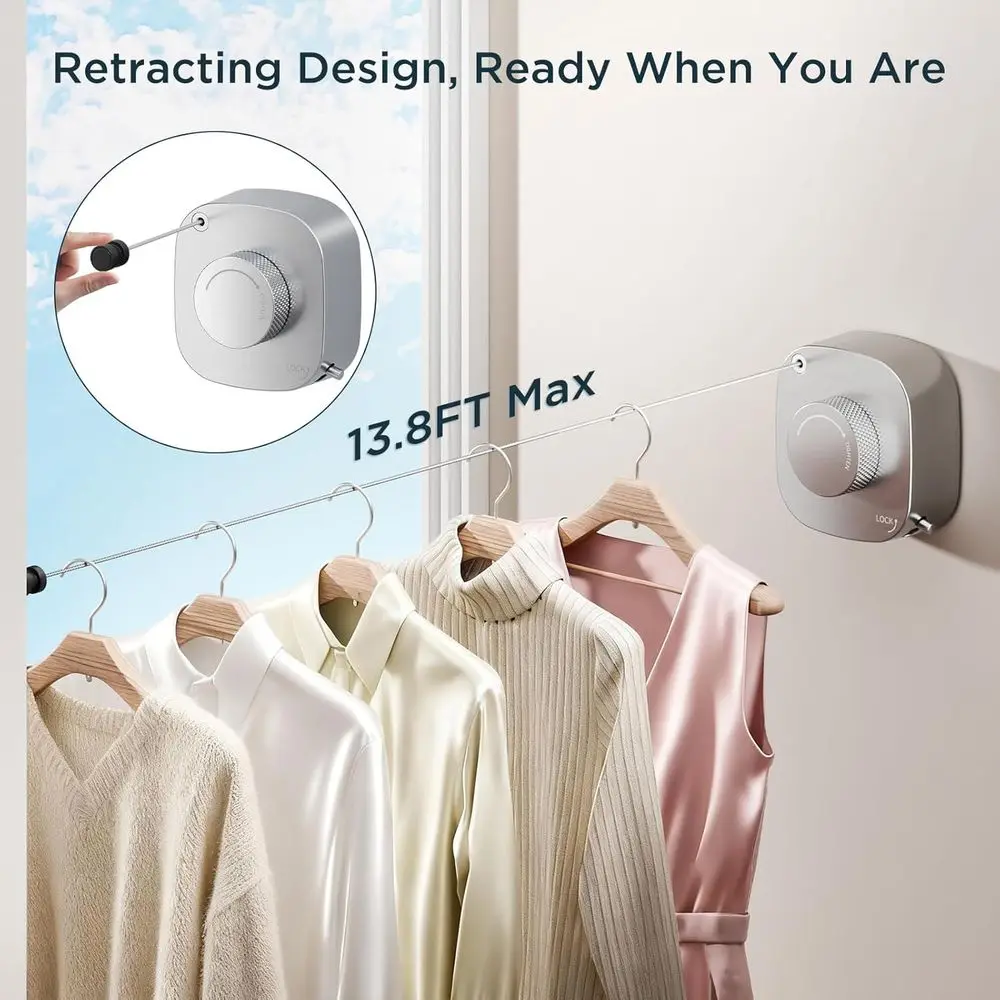 Indoor Retractable Clothesline, 13.8ft Outdoor Line, Non-Sag Stainless Steel Laundry Drying Line, Wall Mount or Bathroom, Brushe
