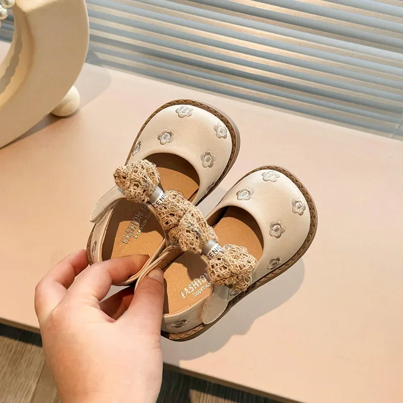 Children's Slip-on Microfiber Leather Shoes For Baby Girls Autumn Spring Kid's Flower Bow Tie Princess Soft Sole Footwear H36-38